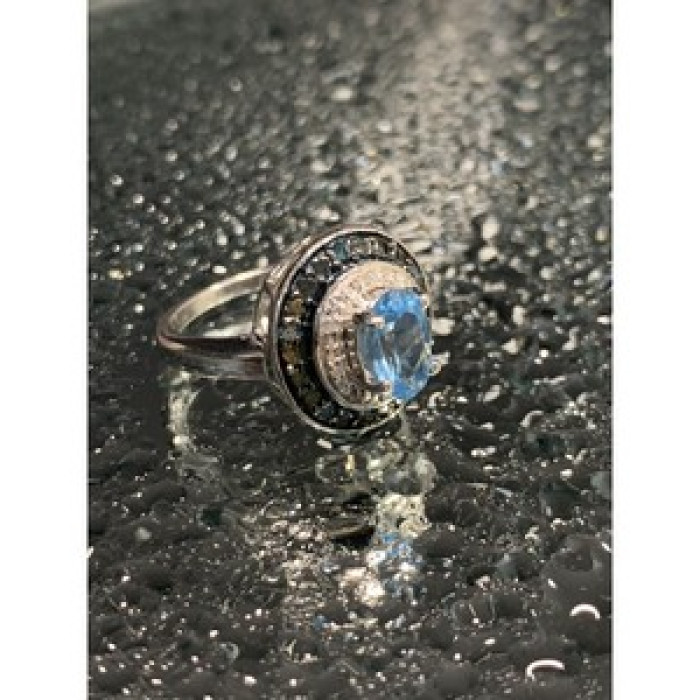925 Sterling Silver Aquamarine & Spinel Ring Size 6.75