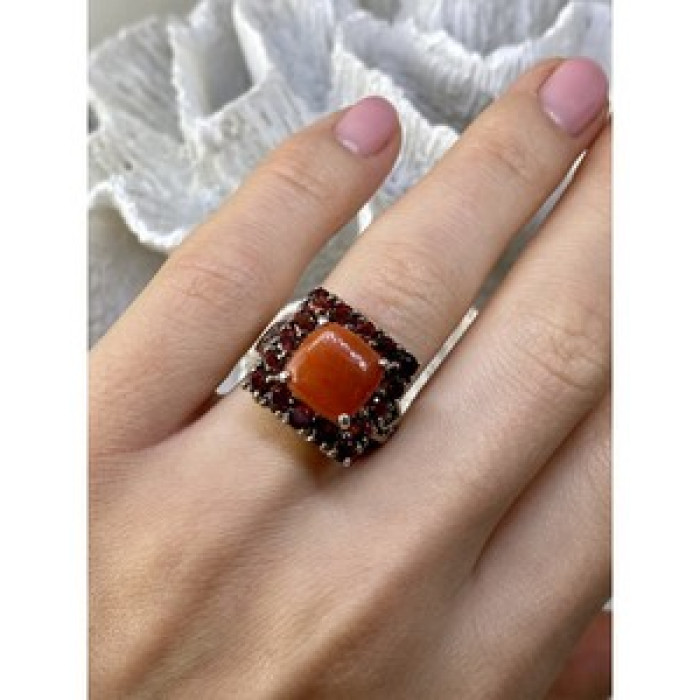 925 Sterling Silver Amber & Garnet Ring Size 8.5