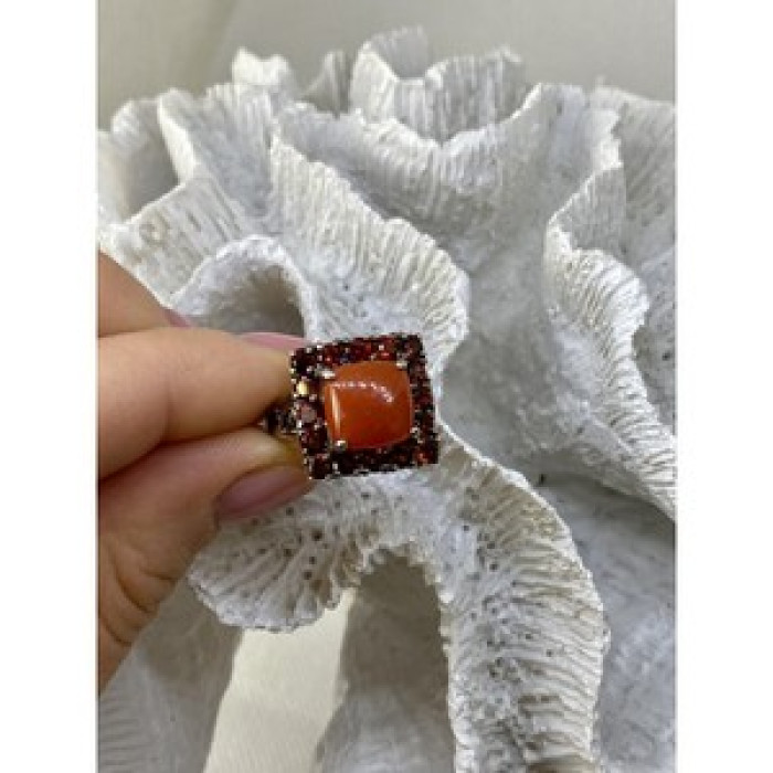 925 Sterling Silver Amber & Garnet Ring Size 8.5