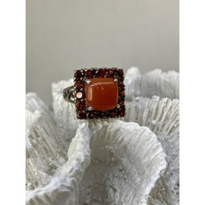 925 Sterling Silver Amber & Garnet Ring Size 8.5