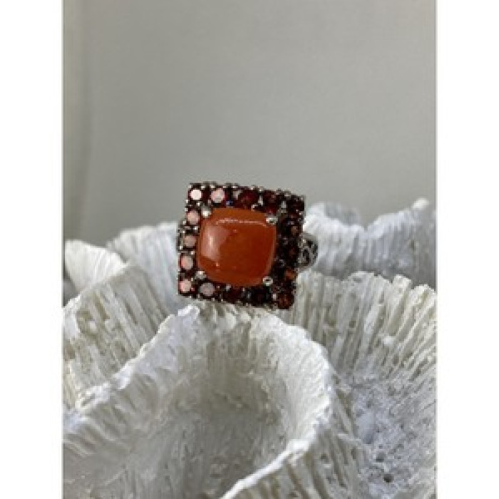 925 Sterling Silver Amber & Garnet Ring Size 8.5