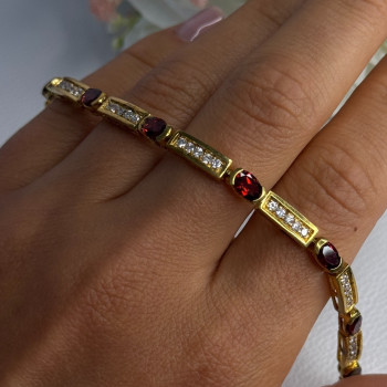 925 Sterling Silver Gold Plated Jjt Garnet & CZ Bracelet Length 7.5