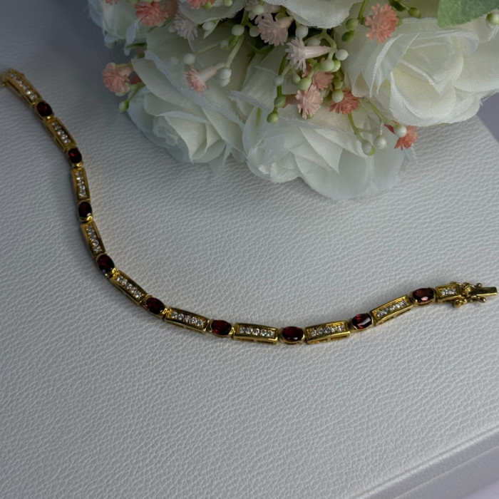 925 Sterling Silver Gold Plated Jjt Garnet & CZ Bracelet Length 7.5