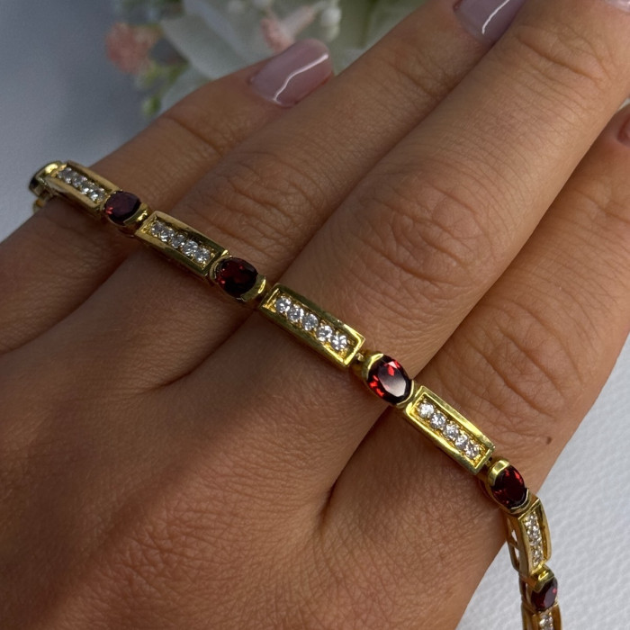 925 Sterling Silver Gold Plated Jjt Garnet & CZ Bracelet Length 7.5