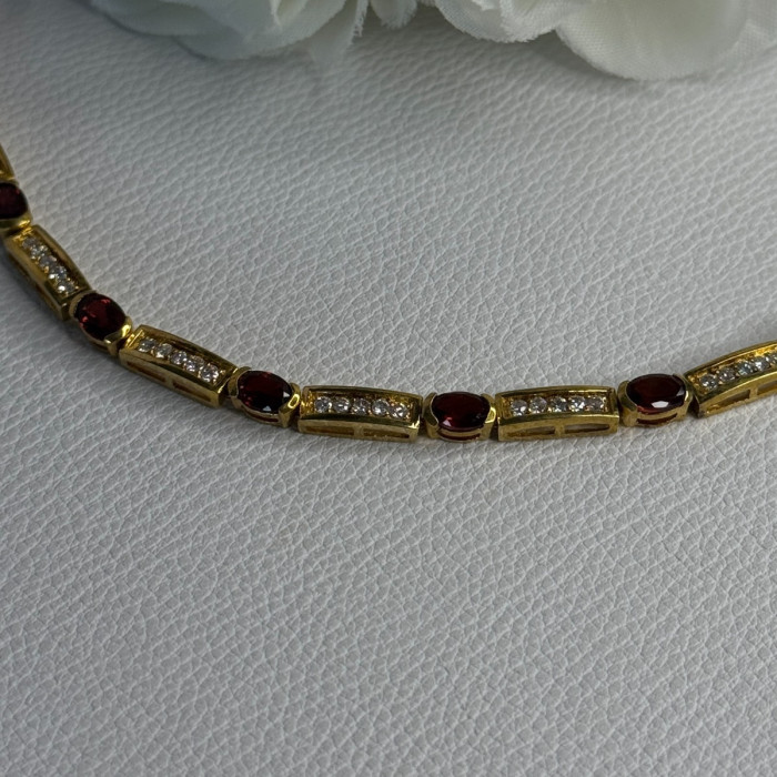925 Sterling Silver Gold Plated Jjt Garnet & CZ Bracelet Length 7.5