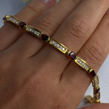 925 Sterling Silver Gold Plated Jjt Garnet & CZ Bracelet Length 7.5