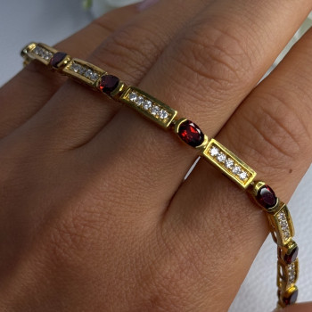 925 Sterling Silver Gold Plated Jjt Garnet & CZ Bracelet Length 7.5
