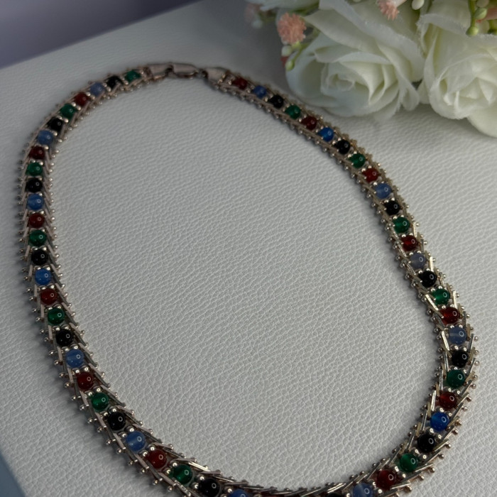 925 Sterling Silver Italy Milor Multicolor Agate Necklace Length 17 Inch