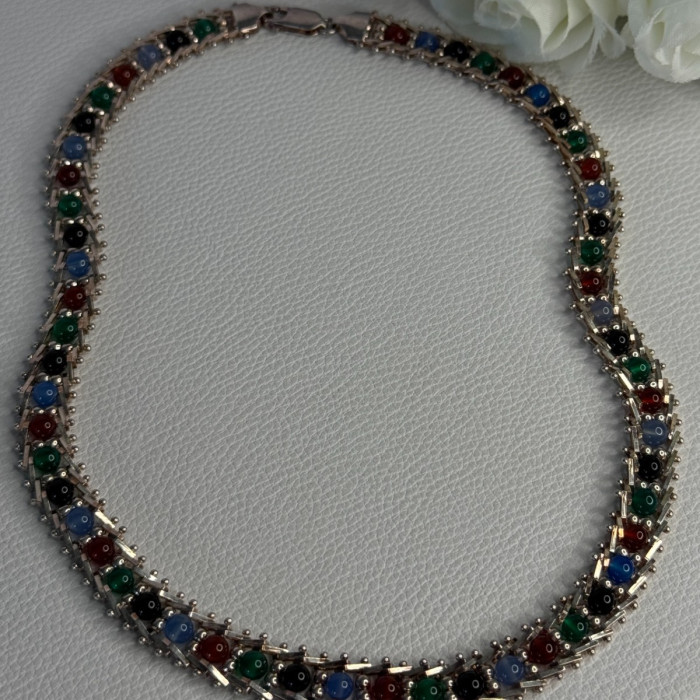 925 Sterling Silver Italy Milor Multicolor Agate Necklace Length 17 Inch