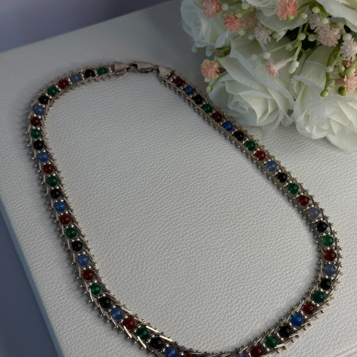 925 Sterling Silver Italy Milor Multicolor Agate Necklace Length 17 Inch