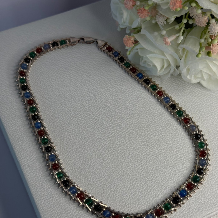925 Sterling Silver Italy Milor Multicolor Agate Necklace Length 17 Inch