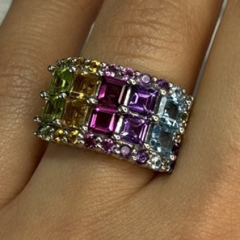 925 Sterling Silver Multicolor Stones Ring Size 7