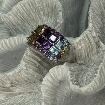 925 Sterling Silver Multicolor Stones Ring Size 7