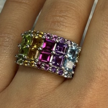 925 Sterling Silver Multicolor Stones Ring Size 7