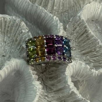 925 Sterling Silver Multicolor Stones Ring Size 7