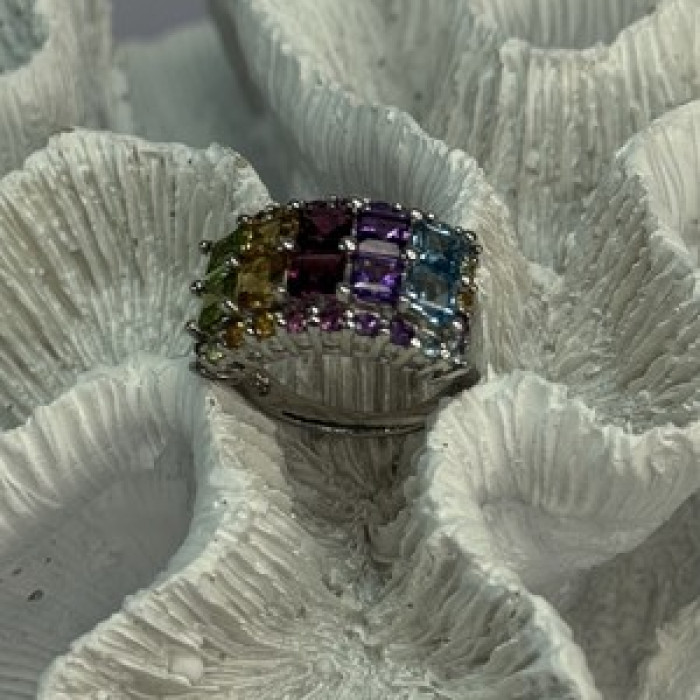 925 Sterling Silver Multicolor Stones Ring Size 7