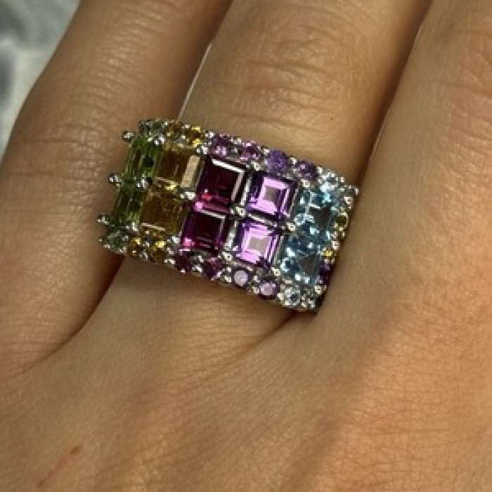 925 Sterling Silver Multicolor Stones Ring Size 7