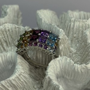 925 Sterling Silver Multicolor Stones Ring Size 7