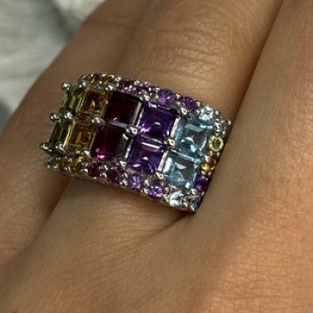 925 Sterling Silver Multicolor Stones Ring Size 7