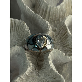 925 Sterling Silver Beautiful Blue Abalone & Topaz Ring Size 6