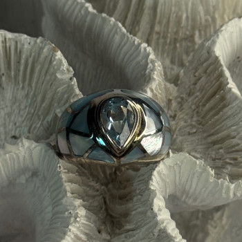925 Sterling Silver Beautiful Blue Abalone & Topaz Ring Size 6