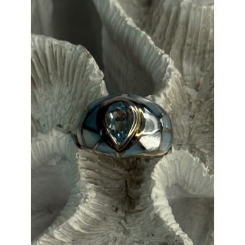 925 Sterling Silver Beautiful Blue Abalone & Topaz Ring Size 6