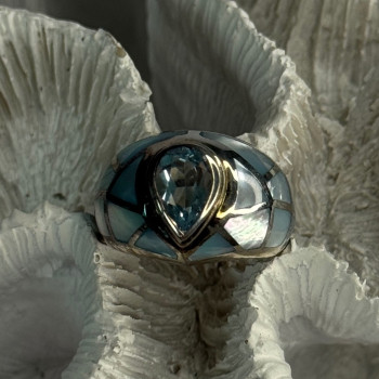 925 Sterling Silver Beautiful Blue Abalone & Topaz Ring Size 6