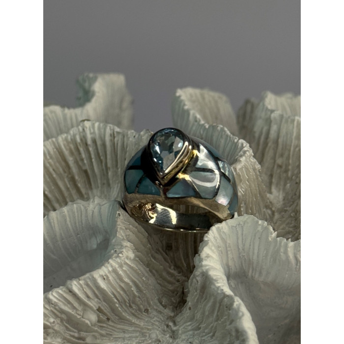 925 Sterling Silver Beautiful Blue Abalone & Topaz Ring Size 6