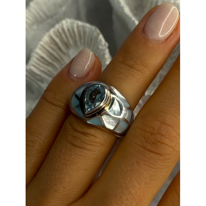 925 Sterling Silver Beautiful Blue Abalone & Topaz Ring Size 6