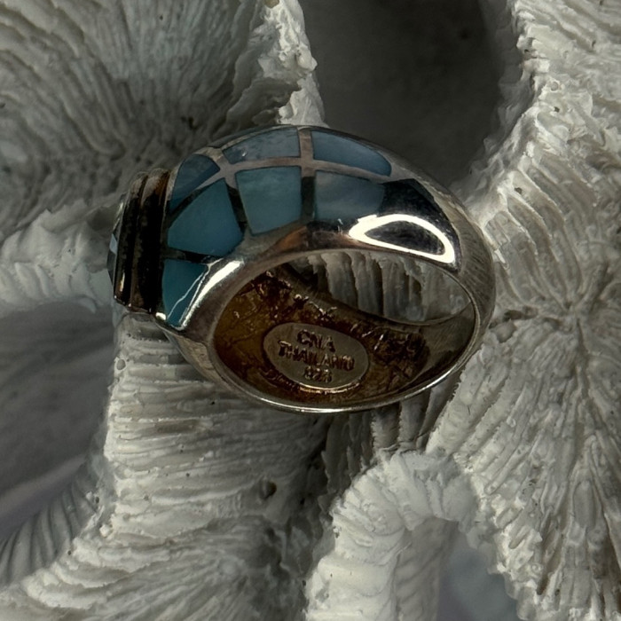 925 Sterling Silver Beautiful Blue Abalone & Topaz Ring Size 6