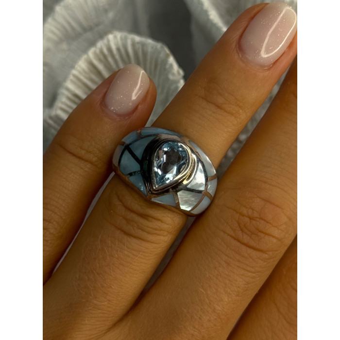 925 Sterling Silver Beautiful Blue Abalone & Topaz Ring Size 6