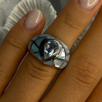 925 Sterling Silver Beautiful Blue Abalone & Topaz Ring Size 6