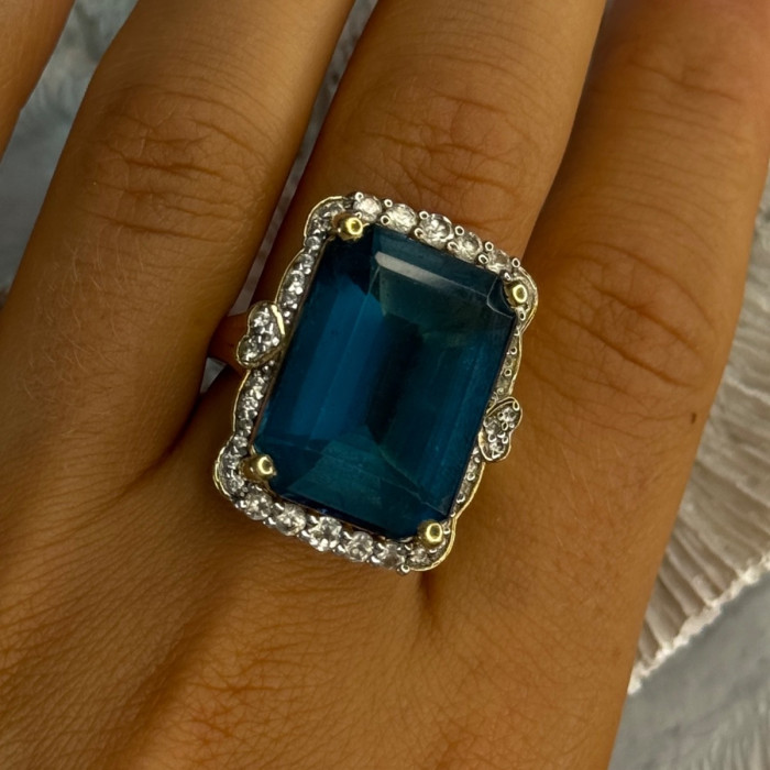 925 Sterling Silver Gold Plated Sapphire & Beryl Ring Size 9
