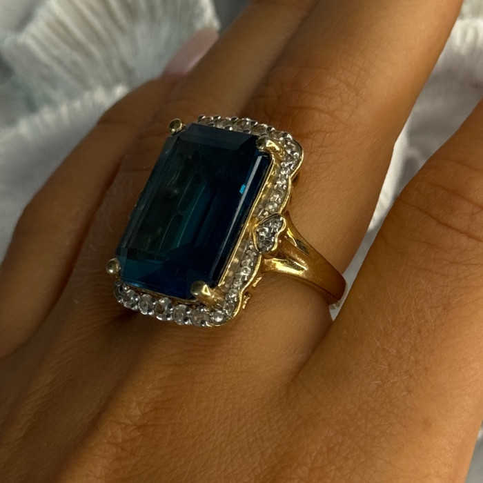 925 Sterling Silver Gold Plated Sapphire & Beryl Ring Size 9