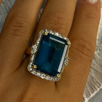 925 Sterling Silver Gold Plated Sapphire & Beryl Ring Size 9
