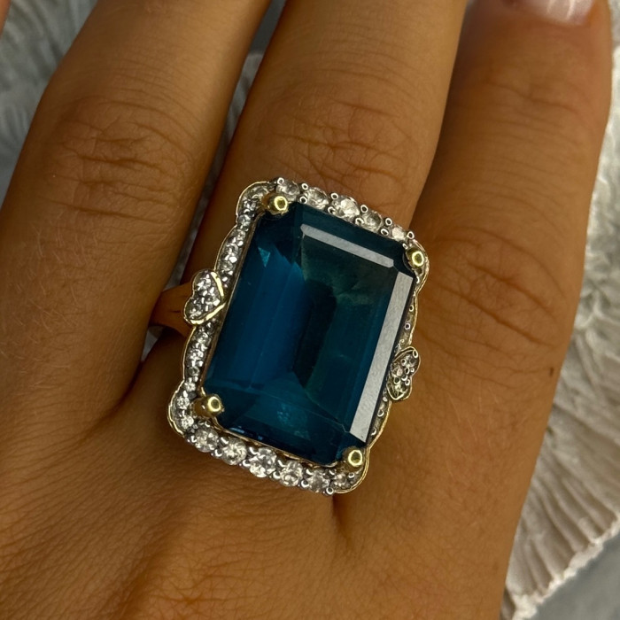 925 Sterling Silver Gold Plated Sapphire & Beryl Ring Size 9