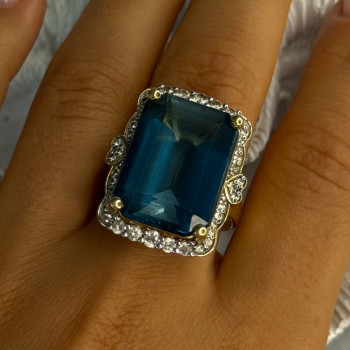 925 Sterling Silver Gold Plated Sapphire & Beryl Ring Size 9