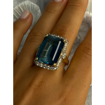 925 Sterling Silver Gold Plated Sapphire & Beryl Ring Size 9