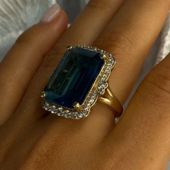 925 Sterling Silver Gold Plated Sapphire & Beryl Ring Size 9