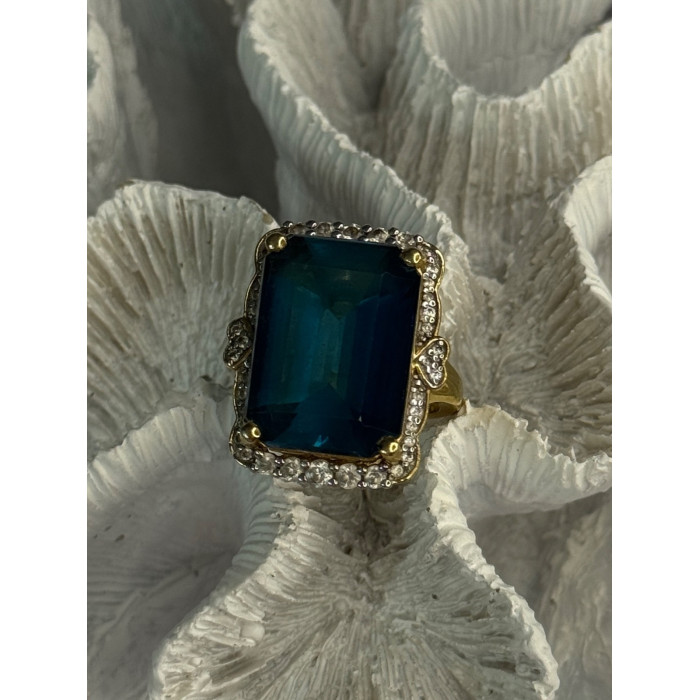 925 Sterling Silver Gold Plated Sapphire & Beryl Ring Size 9