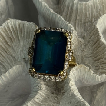 925 Sterling Silver Gold Plated Sapphire & Beryl Ring Size 9