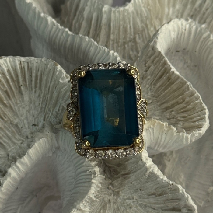 925 Sterling Silver Gold Plated Sapphire & Beryl Ring Size 9