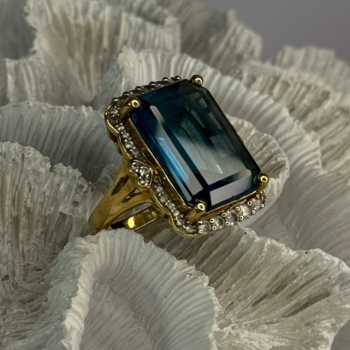 925 Sterling Silver Gold Plated Sapphire & Beryl Ring Size 9