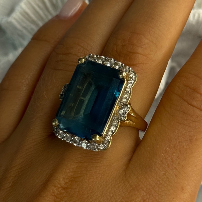925 Sterling Silver Gold Plated Sapphire & Beryl Ring Size 9