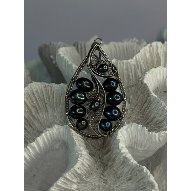 925 STERLING SILVER BLACK PEARLS PENDANT LENGTH 2.1 INCH