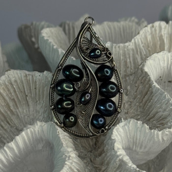 925 Sterling Silver Black Pearls Pendant Length 2.1 Inch
