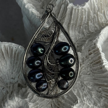 925 Sterling Silver Black Pearls Pendant Length 2.1 Inch