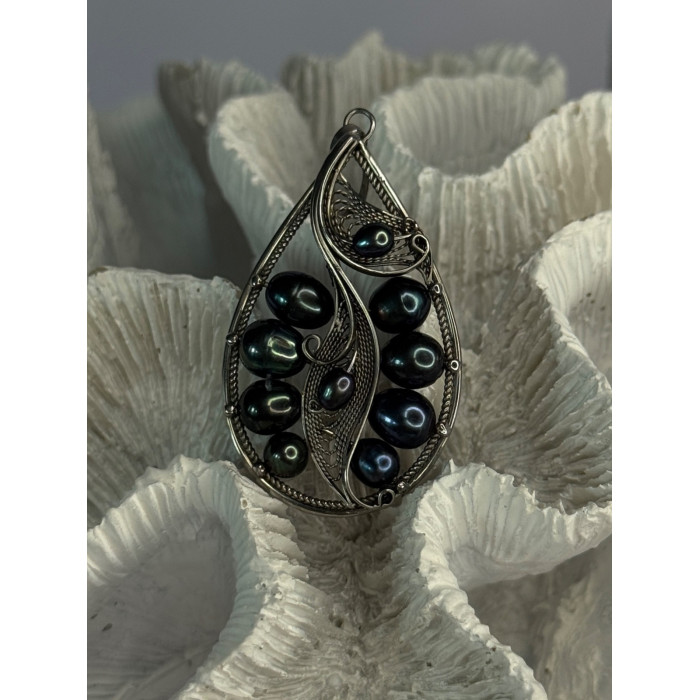 925 STERLING SILVER BLACK PEARLS PENDANT LENGTH 2.1 INCH