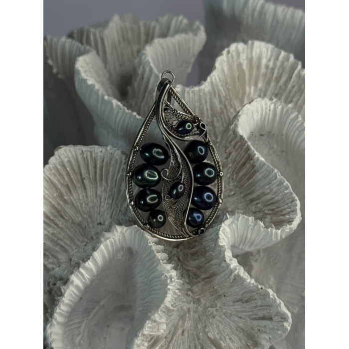 925 STERLING SILVER BLACK PEARLS PENDANT LENGTH 2.1 INCH