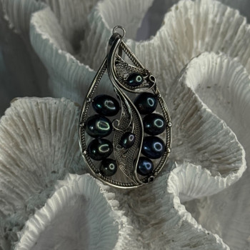 925 Sterling Silver Black Pearls Pendant Length 2.1 Inch